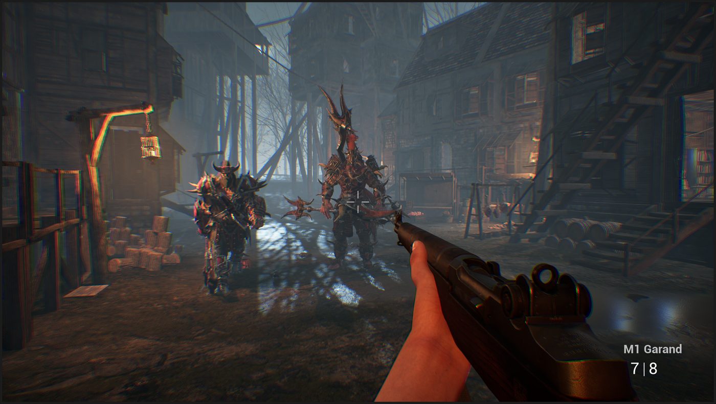 MYTHIC concept — facing armored beastmen in a medieval village with an M1 Garand