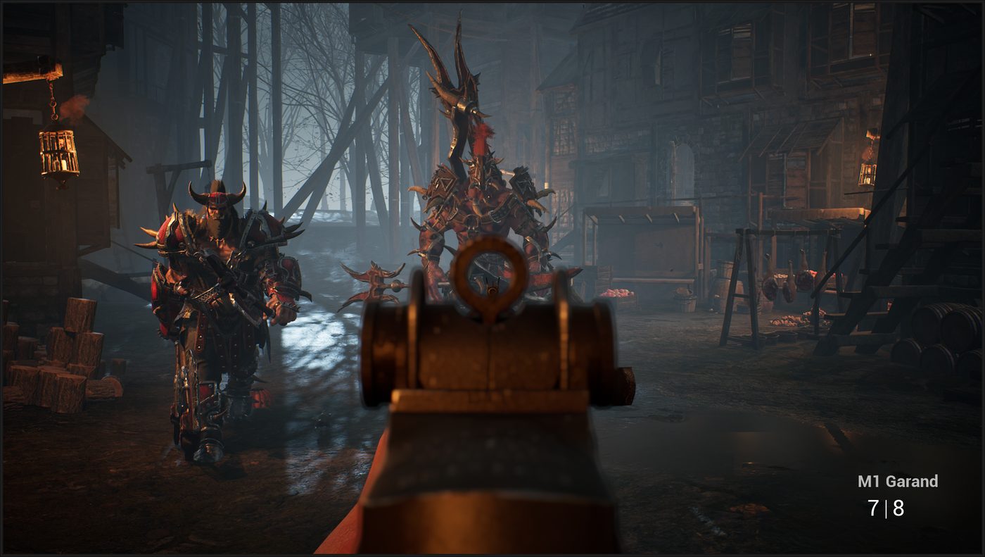 MYTHIC concept — iron sights on a horned warlord in torchlit streets